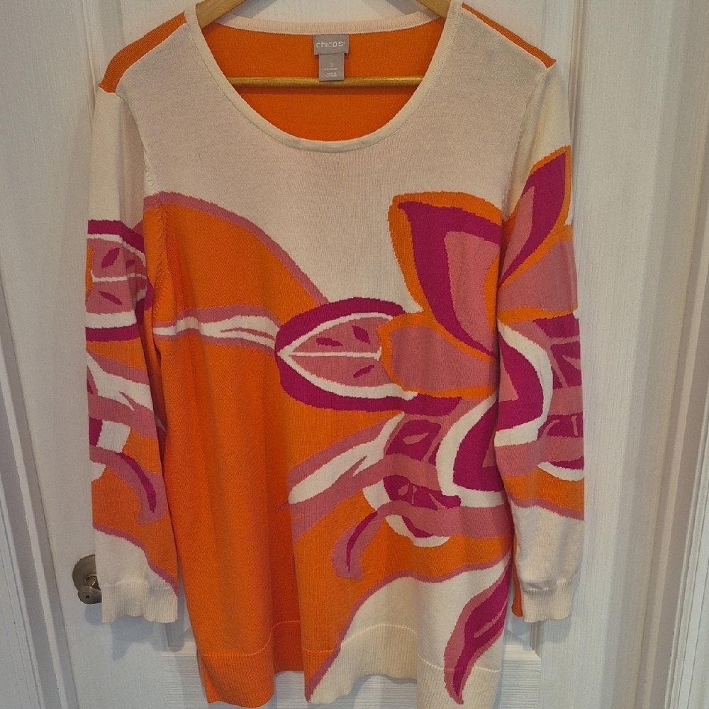 Chico's Vibrant Floral Orange and Pink Long Sleeve Lightweight Sweater - Picture 2 of 8